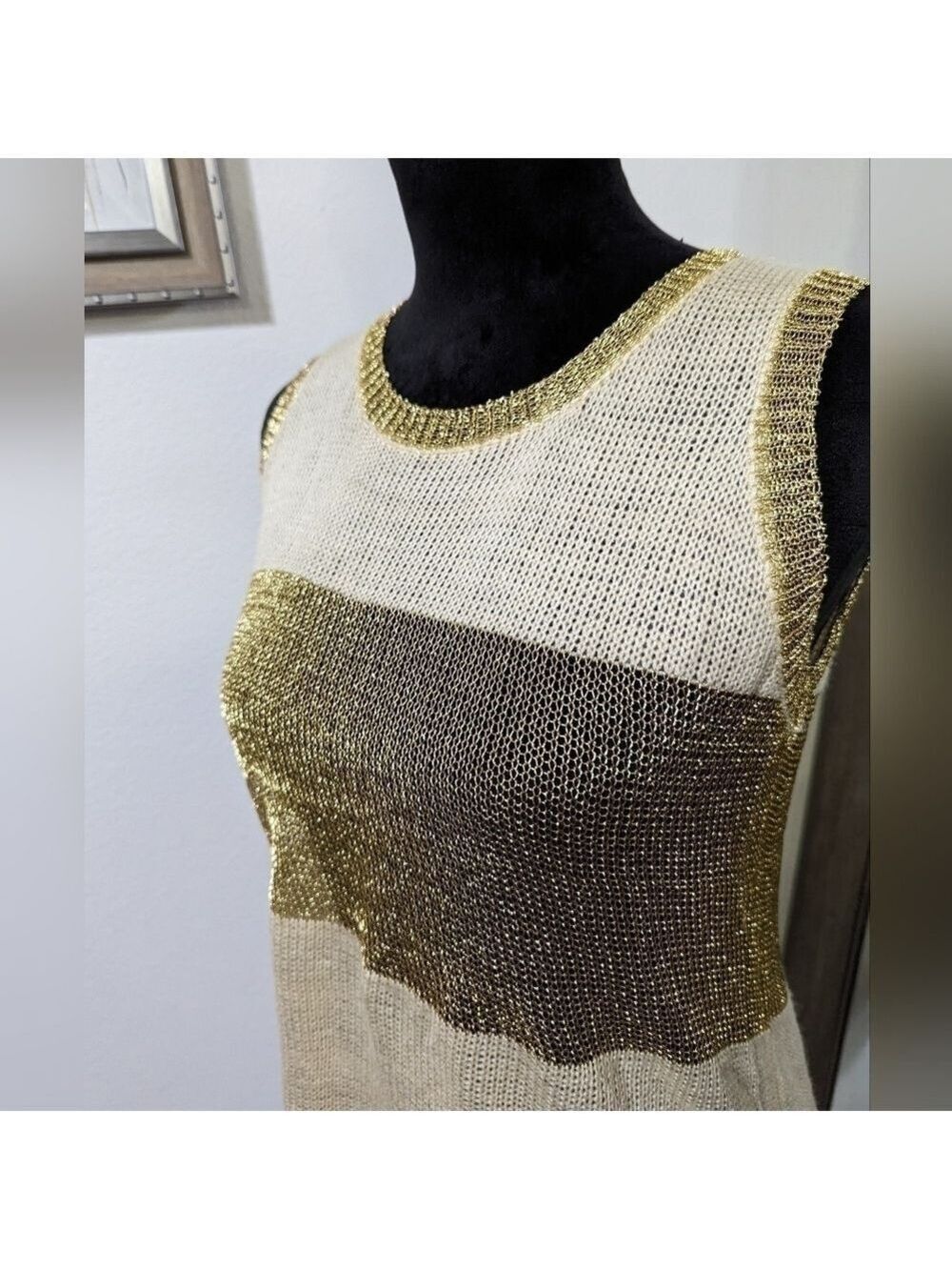 36Point5 Cream and Shimmer Gold Striped Tunic Tank Top M
